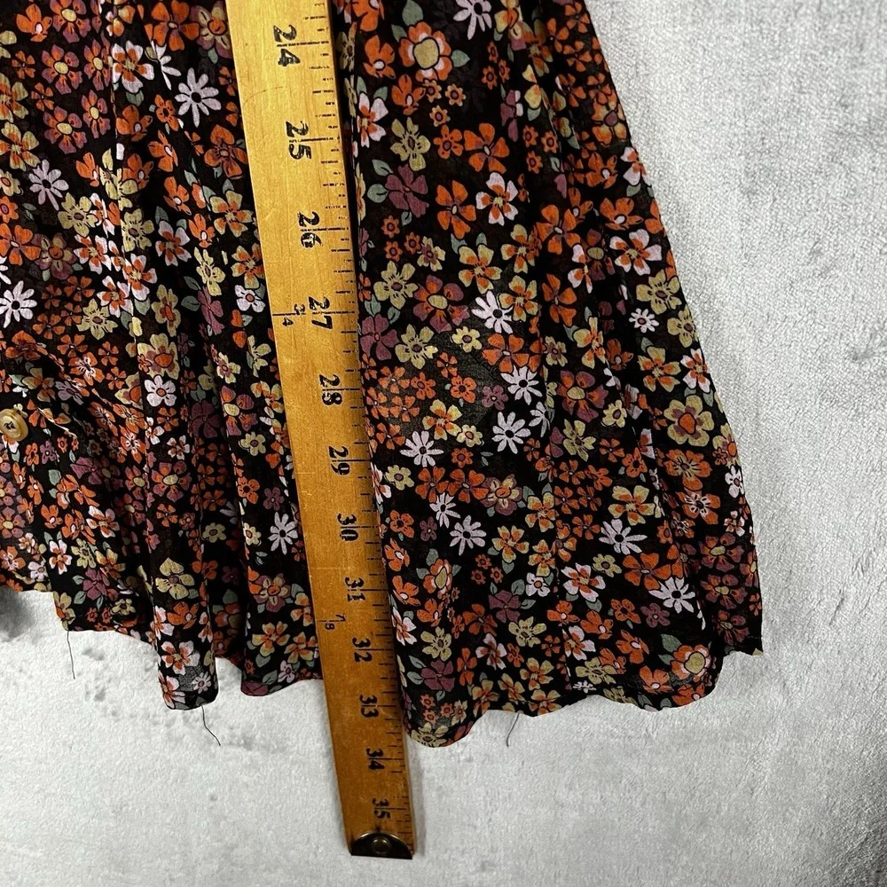 Free People Floral Mini Dress Button Front Puff Sleeve Ditsy Print Brown Multi